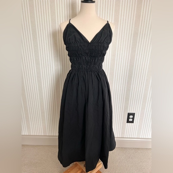 Sau Lee Brielle Midi Dress Black 100% Cotton Smock Waist V-Neck Back Zipper Sz 8 - Picture 4 of 12